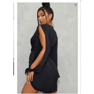 Pretty Little Thing Black Twist Front Wrap Open Sleeve w/Ties Dress Size 8
